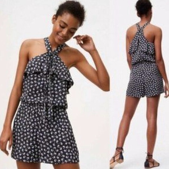 Ann Taylor LOFT, Black and White Floral Halter Romper size MP - Picture 2 of 10